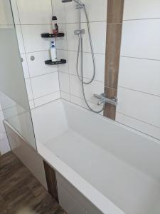 a bathroom with a shower with a white tile wall at Haus am Fluss in Kirchberg am Wechsel