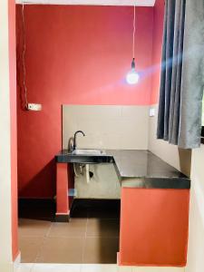Un baño con lavabo y pared roja. en Rest and Recharge homestay airport transit katunayaka, en Minuwangoda