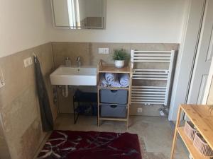 a small bathroom with a sink and a mirror at Landhaus Falkennest in Flintsbach am Inn +24 photos