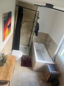 a bathroom with a tub and a toilet and a sink at Landhaus Falkennest in Flintsbach am Inn