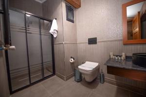 a bathroom with a shower and a toilet and a sink at AHISKA PALAS OTEL in Kars