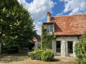 an old white house with a tree in the yard at Charming vintage cottage in Chaumussay