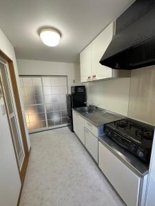 eine Küche mit Herd und Herd oberen Backofen in der Unterkunft Arusa-Ishite 2F in Matsuyama