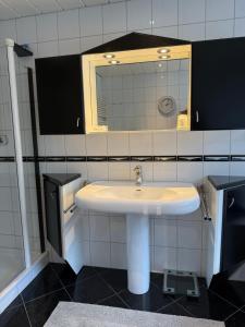 a bathroom with a sink and a mirror at Himmelsleiter Ihr Rückzugsort mit Aussicht in Niederfischbach +14 photos