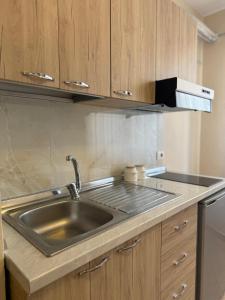 Una cocina con fregadero de acero inoxidable y gabinetes de madera. en ApartHotel Sea & Back view studios, en Durrës 29 fotos más