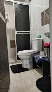 a bathroom with a white toilet and a shower at DESTINY Apto Central in San Rafael +25 photos