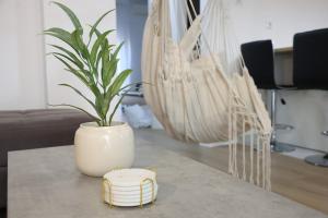 a plant in a white vase sitting on a table at Modern Apartment G66 in the Center in Drama