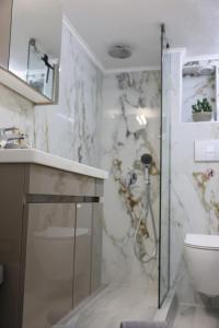 a bathroom with a shower and a sink and a toilet at Modern Apartment G66 in the Center in Drama +19 photos