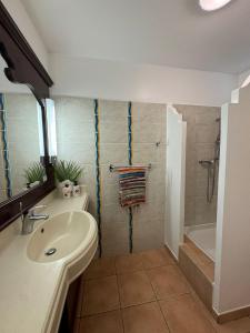 un baño con lavabo y ducha en Appartement Ti-Paradis - RDC, en Sainte-Luce