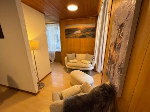 a living room with a couch and a chair at Blue Sky Apartments in Göschenen