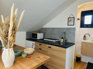 a kitchen with a sink and a microwave at Le Champêtre - Centre du Rheu in Le Rheu