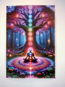 a painting of a person sitting in meditation under a tree at Appartement agréable et atypique, rénové, wifi, terrasse, jardin in Schleithal