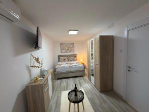 a bedroom with a bed and a desk and a tv at Relax Apartmani Niš in Niš