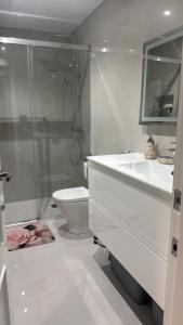 a bathroom with a shower and a toilet and a sink at Habitaciones acogedoras buen trato in Mairena del Aljarafe