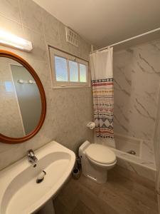 a bathroom with a sink and a toilet and a mirror at Chalet Proche mer in Latour-Bas-Elne +3 photos
