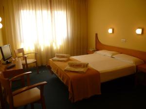 a hotel room with a bed and a window at Hotel Pradas in Jaca