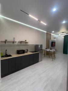 eine Küche mit Theke und Tisch in einem Raum in der Unterkunft Comfort Studio Apartment in Almaty