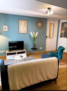 a living room with a couch and a tv at Le charme du Cœur de ville in Dole