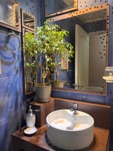 a bathroom with a sink and two potted plants at Hostal Boutique 180 Grados in Algarrobo