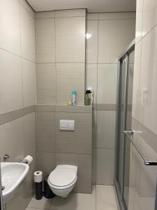 Un baño con inodoro, lavabo y ducha. en Merensky Tower Apartment, en Windhoek