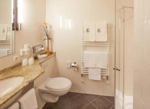 ein weißes Badezimmer mit Toilette und Dusche in der Unterkunft Hotel Sonnenblick Bebra in Bebra + 29 Fotos