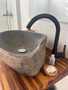 a stone sink on top of a wooden counter at Coco-orchidées Le Domaine Mannou in Sainte-Rose