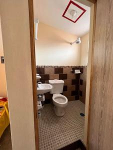 une salle de bain avec toilettes et lavabo dans l'établissement Hostal Color Inn, à Santo Domingo Tehuantepec