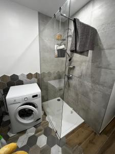 a shower stall with a washing machine in a bathroom at Maison de plain pied - 120m2 - Location cure ou vacances in Bagnoles de l'Orne