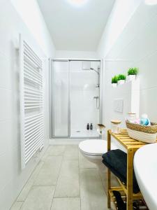 une salle de bain blanche avec douche et toilettes dans l'établissement Katys Cozy Corner - Self CheckIn, à Graz