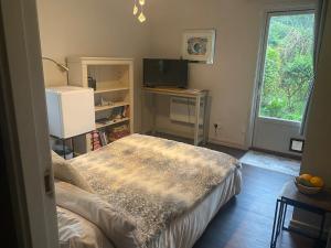 a bedroom with a bed and a tv and a window at Carpenters-stay in Dorking