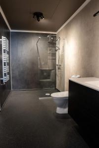 ボルレンゲにあるHigh standard apartment, 15 min to Romme Alpinのシャワー、トイレ、洗面台を備えたバスルーム