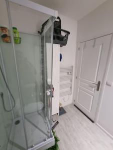 a shower with a glass door in a bathroom at bien-être in Bourg-sur-Gironde