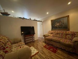 a living room with a couch and a flat screen tv at Hideaway Cozy Place 1 in Bantam Spring