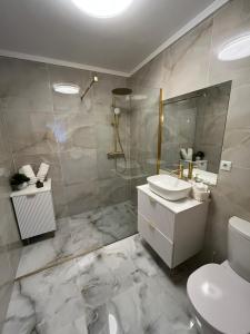 a bathroom with a toilet and a sink and a shower at Apartament Iulius Mall Cluj in Cluj-Napoca
