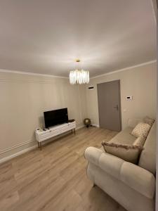a living room with a couch and a television at Apartament Iulius Mall Cluj in Cluj-Napoca