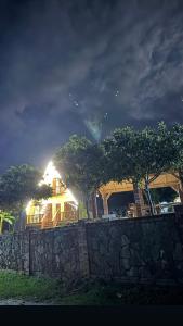 une maison avec un mur de pierre et des arbres la nuit dans l'établissement Dzaria cottage, à Martvili