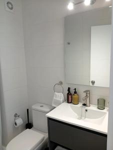 Un baño con lavabo, inodoro y espejo. en Park and Movistar Arenas D106, en Santiago