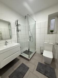 Un baño con ducha, inodoro y lavabo. en City-Apartment - zentral mit schöner Terrasse, en Herne
