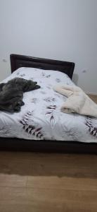 a bed with a cat laying on top of it at Blert's apartment in Gjakova in Gjakove +3 photos