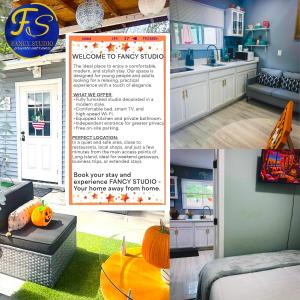a collage of photos of a kitchen with a flyer at Fancy Studio Private Entrance in Selden