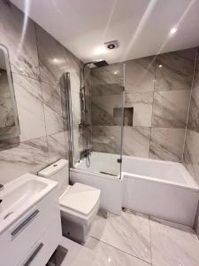 a bathroom with a toilet and a shower and a sink at Lovely home in Finchley