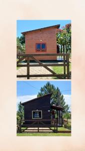 two pictures of a small house with a fence at Chalé Tribos Livres in Torres