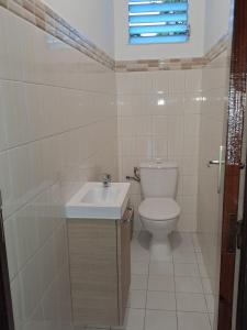 a bathroom with a toilet and a sink and a window at Kaz'Agatha in Sainte-Anne