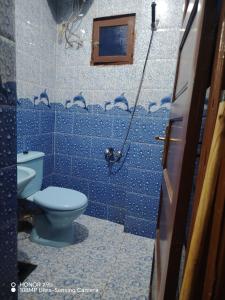 a blue tiled bathroom with a toilet and a window at Venti house in Aswan +5 photos
