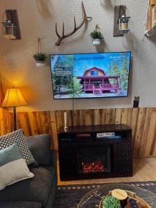 Una sala de estar con chimenea y TV de pantalla plana. en Quiet Cabin Retreat, en Duck Creek Village