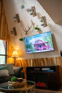 Una sala de estar con un televisor de pantalla plana en una pared. en Quiet Cabin Retreat, en Duck Creek Village