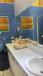 a bathroom with a sink and a mirror at La Casita at Ankobra Farm  +24 photos