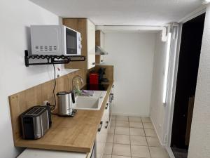 - une cuisine avec un comptoir, un four micro-ondes et un évier dans l'établissement Ferienwohnung Lappano - Losheim am See, à Bachem