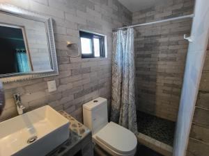 a bathroom with a toilet and a sink and a shower at Casa Kanaph in Reynosa