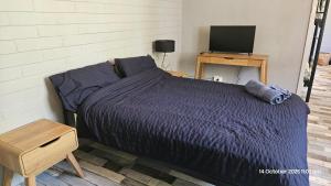 ミルデューラにあるSunraysia Staysの青い掛け布団とテレビのあるベッド